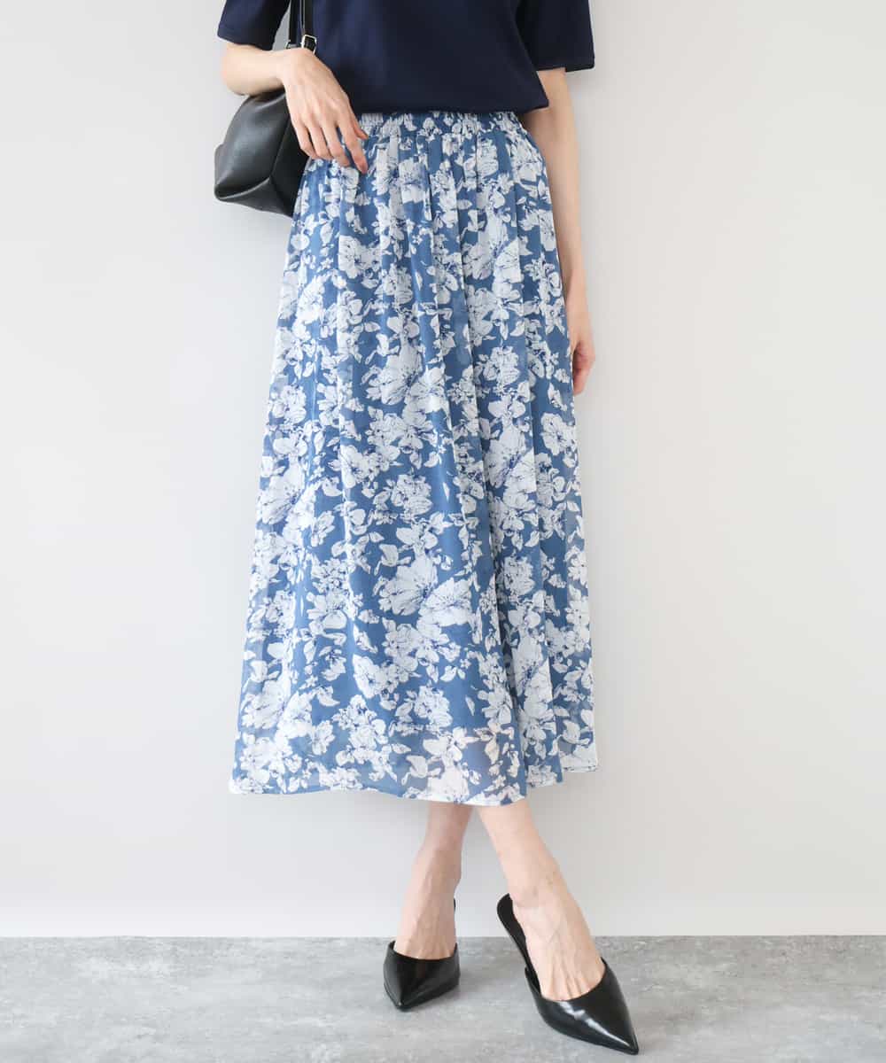 FKHGD03140 MK MICHEL KLEIN(MK ミッシェルクラン) 花柄シフォンスカート/洗える ブルー