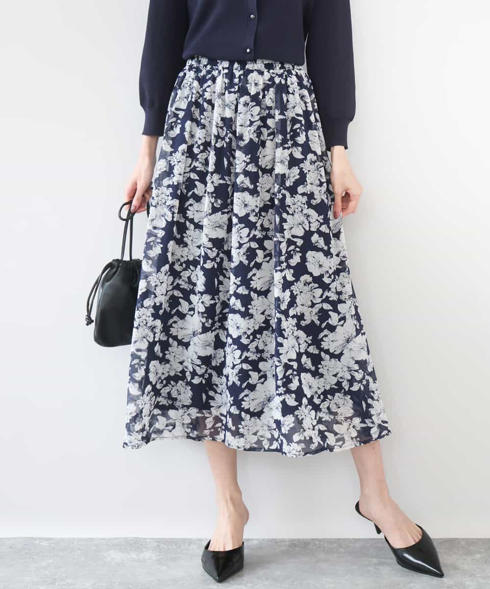 FKHGD03140 MK MICHEL KLEIN(MK ミッシェルクラン) 花柄シフォンスカート/洗える ネイビー