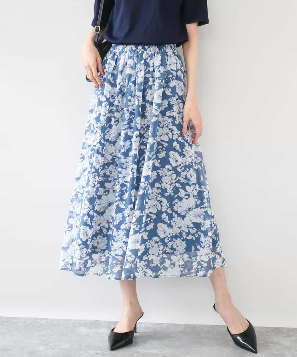 FKHGD03140 MK MICHEL KLEIN(MK ミッシェルクラン) 花柄シフォンスカート/洗える ネイビー