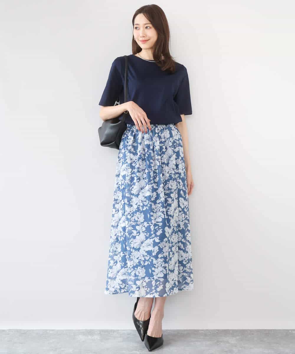 FKHGD03140 MK MICHEL KLEIN(MK ミッシェルクラン) 花柄シフォンスカート/洗える ネイビー