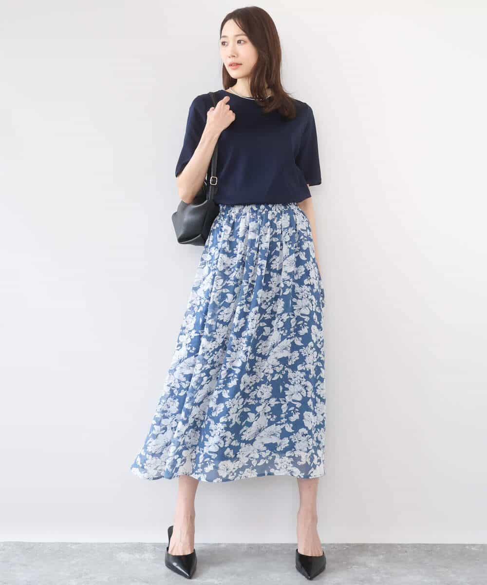 FKHGD03140 MK MICHEL KLEIN(MK ミッシェルクラン) 花柄シフォンスカート/洗える ネイビー