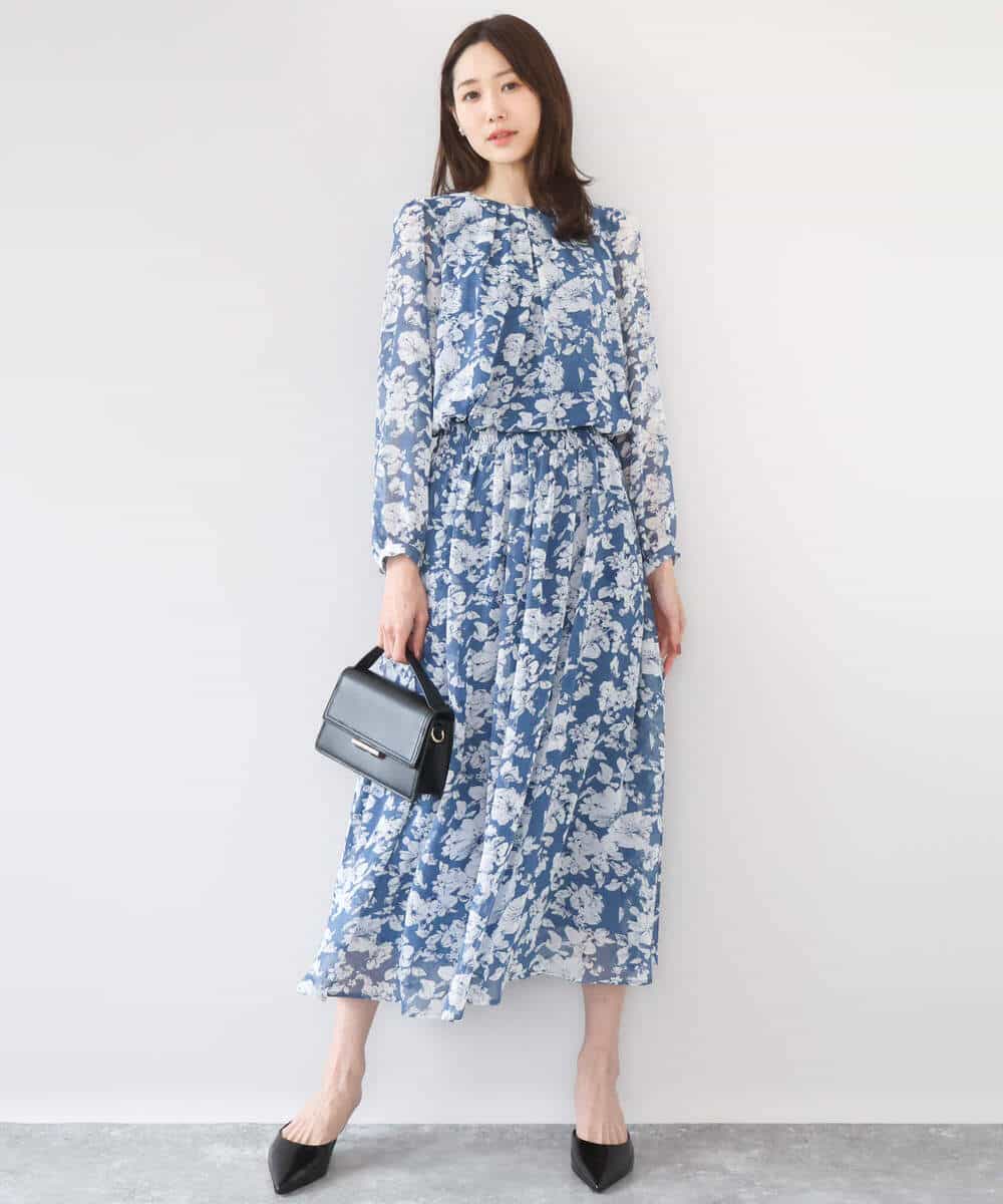 FKHGD03140 MK MICHEL KLEIN(MK ミッシェルクラン) 花柄シフォンスカート/洗える ネイビー