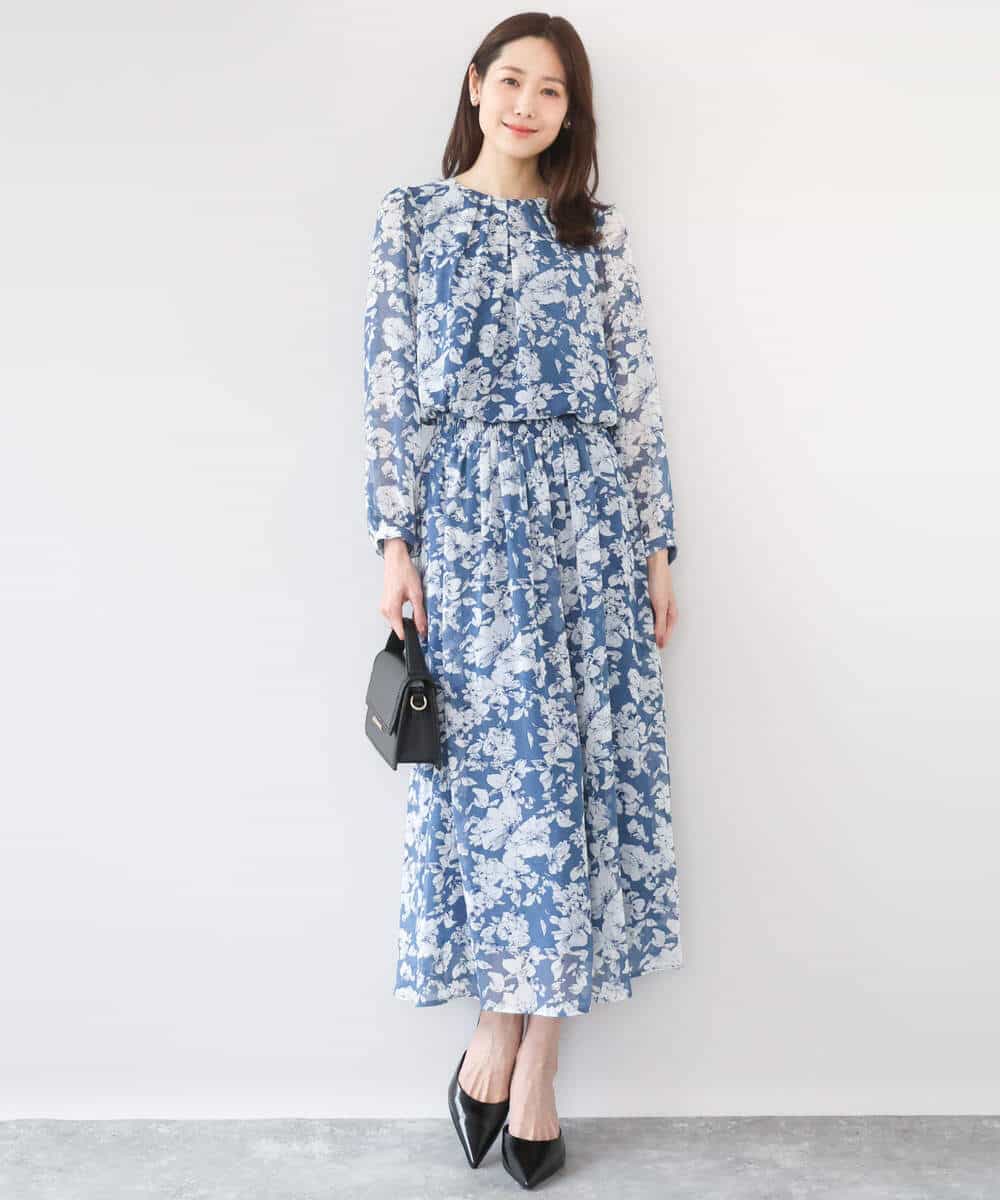 FKHGD03140 MK MICHEL KLEIN(MK ミッシェルクラン) 花柄シフォンスカート/洗える ネイビー