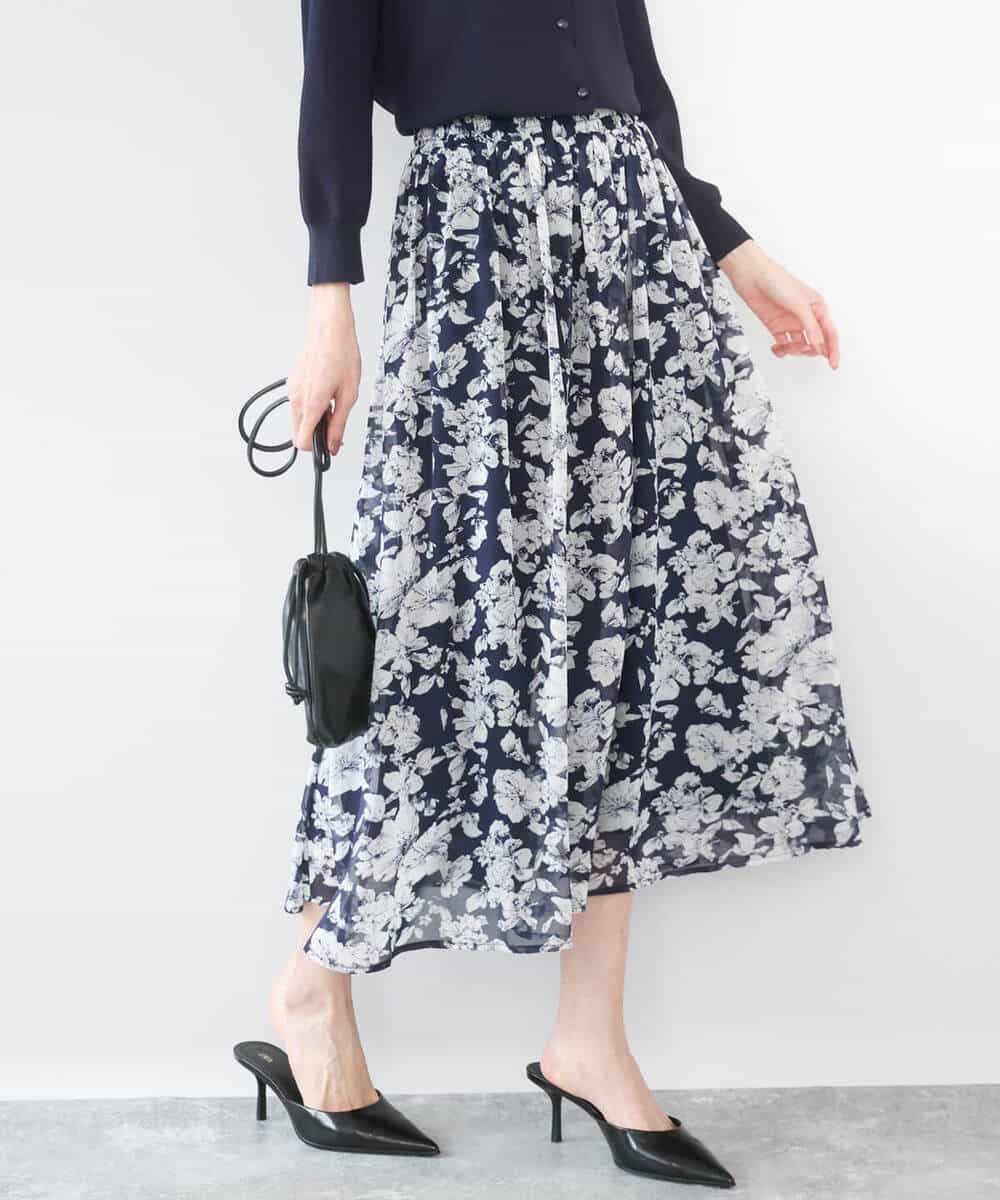 FKHGD03140 MK MICHEL KLEIN(MK ミッシェルクラン) 花柄シフォンスカート/洗える ネイビー