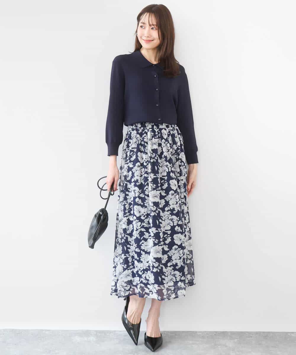 FKHGD03140 MK MICHEL KLEIN(MK ミッシェルクラン) 花柄シフォンスカート/洗える ネイビー