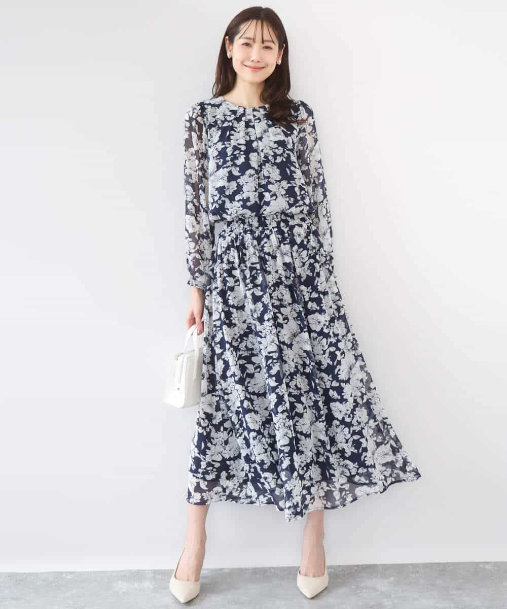 FKHGD03140 MK MICHEL KLEIN(MK ミッシェルクラン) 花柄シフォンスカート/洗える ネイビー