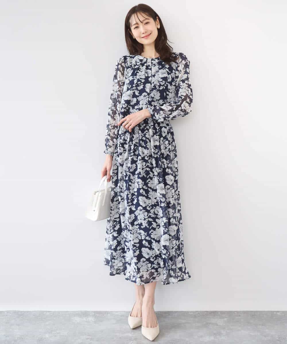 FKHGD03140 MK MICHEL KLEIN(MK ミッシェルクラン) 花柄シフォンスカート/洗える ネイビー