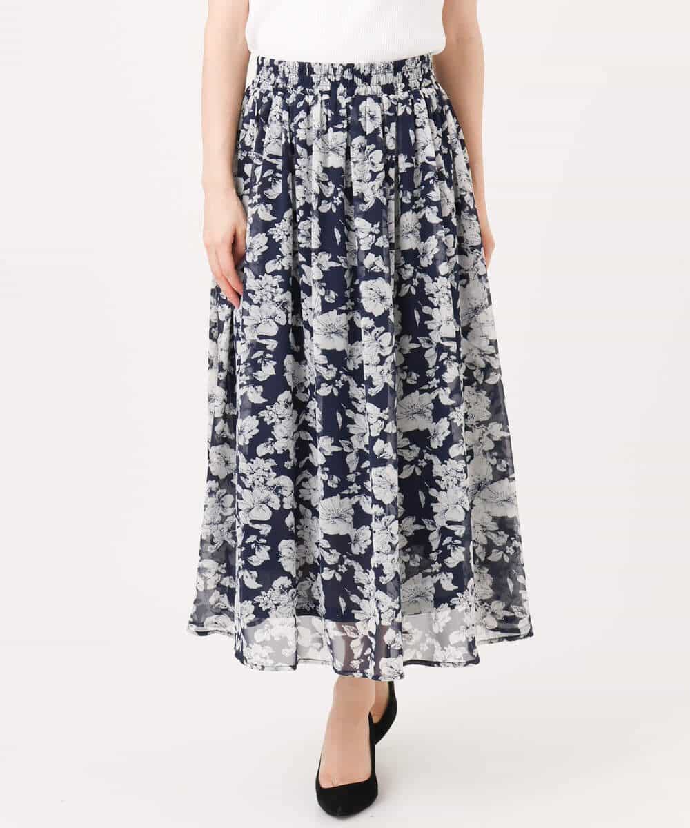 FKHGD03140 MK MICHEL KLEIN(MK ミッシェルクラン) 花柄シフォンスカート/洗える ネイビー