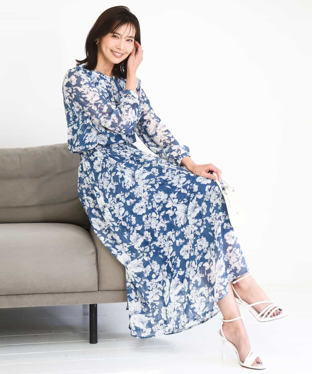 FKHGD03140 MK MICHEL KLEIN(MK ミッシェルクラン) 花柄シフォンスカート/洗える ネイビー