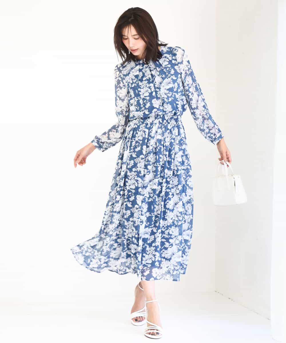 FKHGD03140 MK MICHEL KLEIN(MK ミッシェルクラン) 花柄シフォンスカート/洗える ネイビー