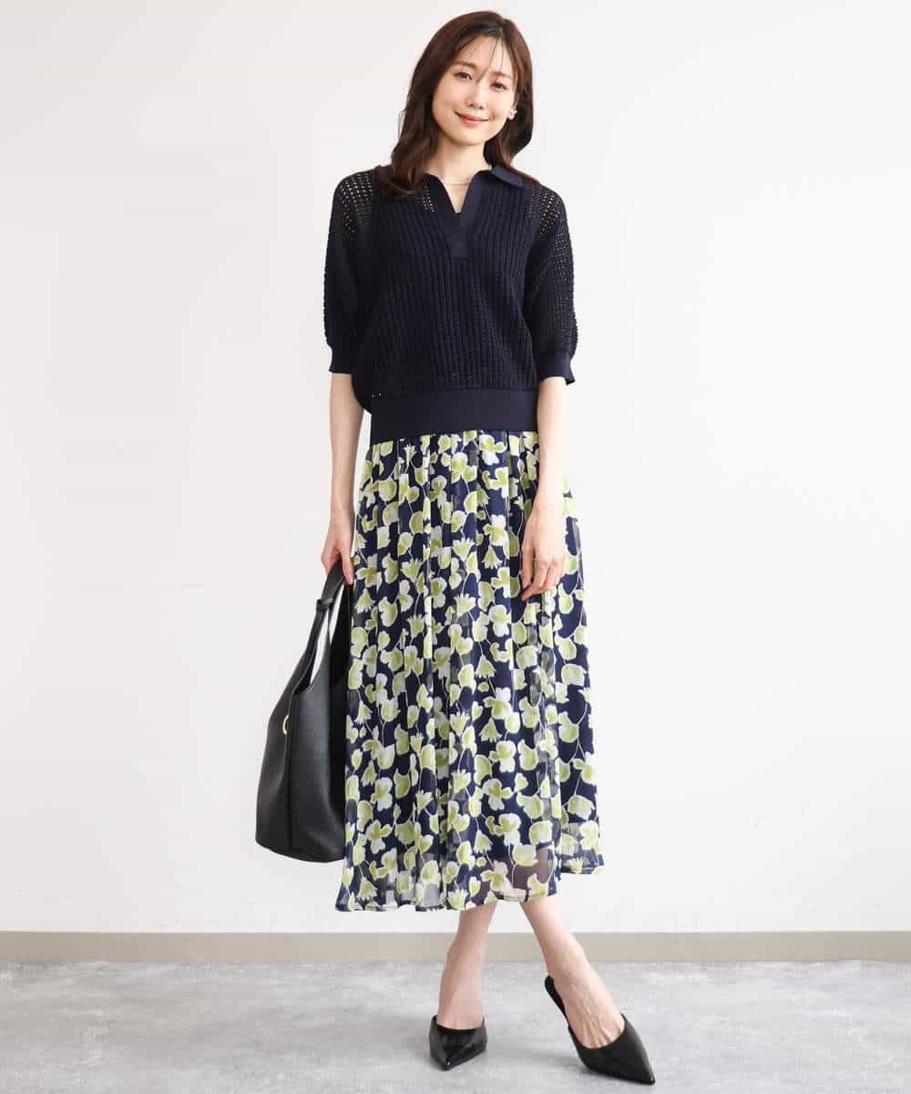 FKHGD07140 MK MICHEL KLEIN(MK ミッシェルクラン) [洗える]アートフラワープリント シフォンスカート ネイビー