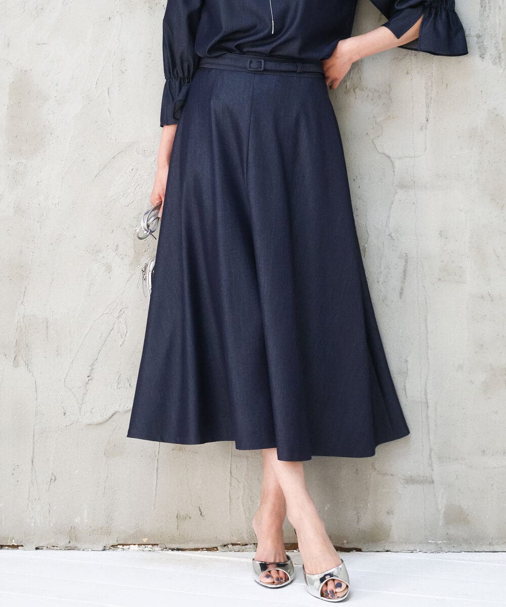 FKHGD36160 MK MICHEL KLEIN(MK ミッシェルクラン) [SANAGARAシリーズ]デニムライク フレアスカート/接触冷感/UVカット/洗える ネイビー