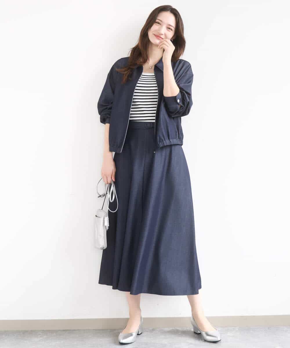 FKHGD36160 MK MICHEL KLEIN(MK ミッシェルクラン) [SANAGARAシリーズ]デニムライク フレアスカート/接触冷感/UVカット/洗える ネイビー