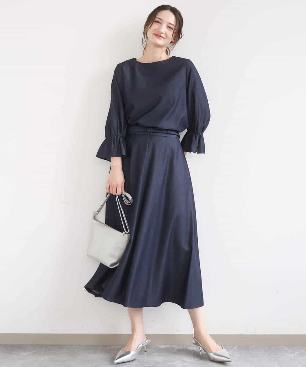 FKHGD36160 MK MICHEL KLEIN(MK ミッシェルクラン) [SANAGARAシリーズ]デニムライク フレアスカート/接触冷感/UVカット/洗える ネイビー