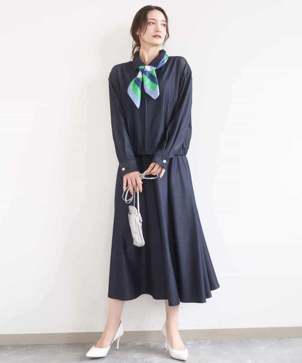 FKHGD36160 MK MICHEL KLEIN(MK ミッシェルクラン) [SANAGARAシリーズ]デニムライク フレアスカート/接触冷感/UVカット/洗える ネイビー