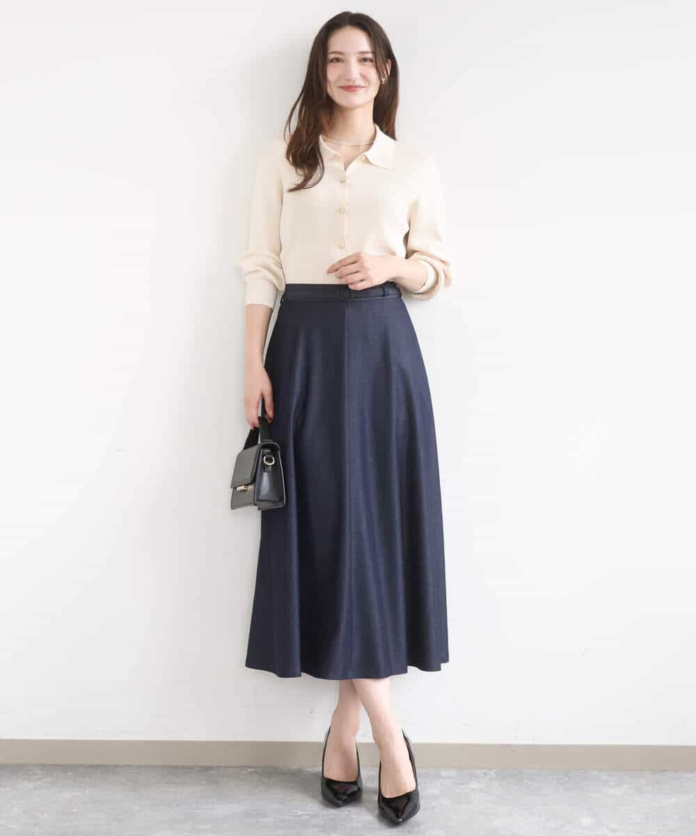 FKHGD36160 MK MICHEL KLEIN(MK ミッシェルクラン) [SANAGARAシリーズ]デニムライク フレアスカート/接触冷感/UVカット/洗える ネイビー