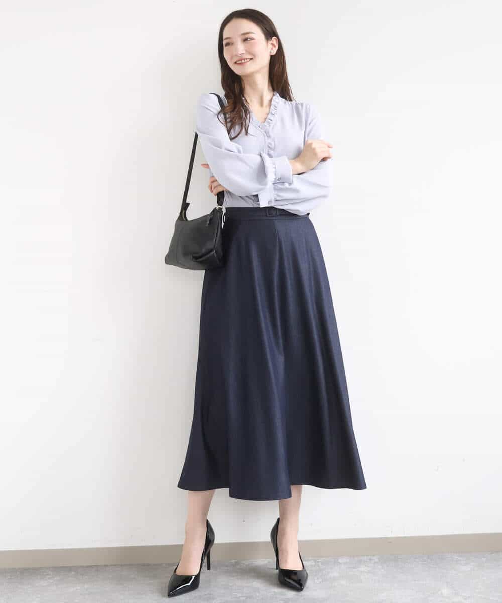 FKHGD36160 MK MICHEL KLEIN(MK ミッシェルクラン) [SANAGARAシリーズ]デニムライク フレアスカート/接触冷感/UVカット/洗える ネイビー