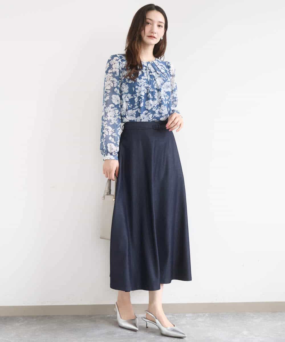 FKHGD36160 MK MICHEL KLEIN(MK ミッシェルクラン) [SANAGARAシリーズ]デニムライク フレアスカート/接触冷感/UVカット/洗える ネイビー