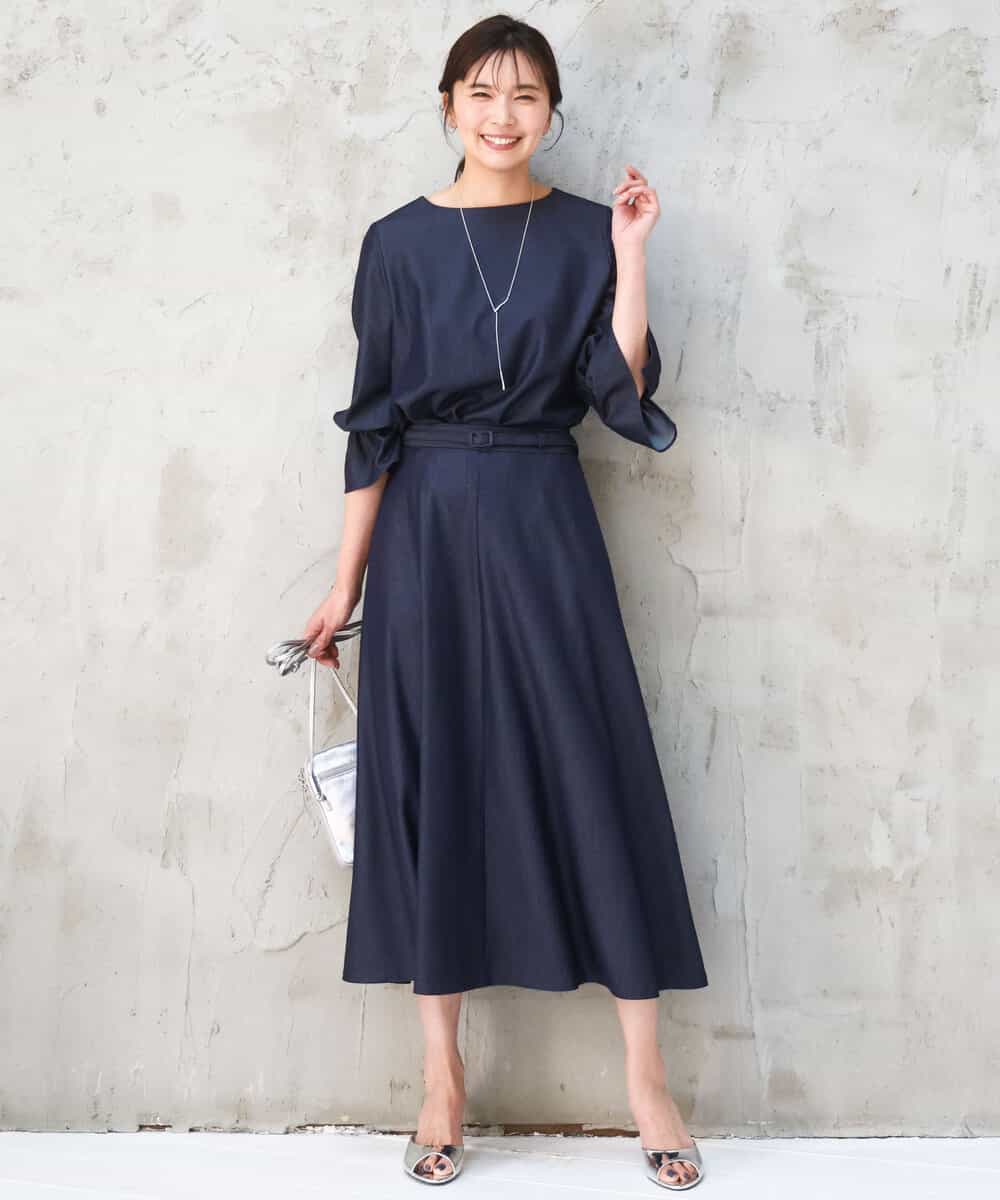 FKHGD36160 MK MICHEL KLEIN(MK ミッシェルクラン) [SANAGARAシリーズ]デニムライク フレアスカート/接触冷感/UVカット/洗える ネイビー