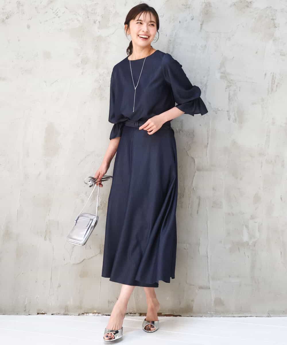 FKHGD36160 MK MICHEL KLEIN(MK ミッシェルクラン) [SANAGARAシリーズ]デニムライク フレアスカート/接触冷感/UVカット/洗える ネイビー