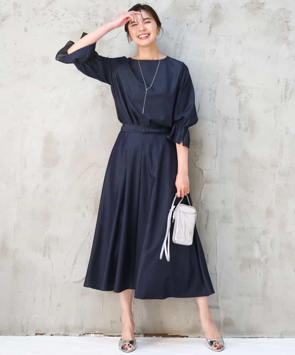 FKHGD36160 MK MICHEL KLEIN(MK ミッシェルクラン) [SANAGARAシリーズ]デニムライク フレアスカート/接触冷感/UVカット/洗える ネイビー