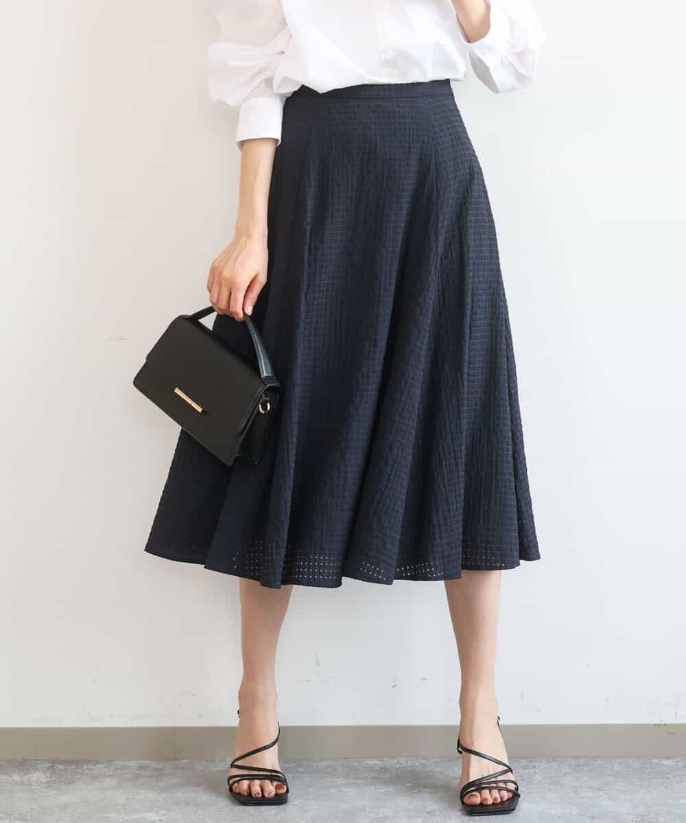 FKHGD45170 MK MICHEL KLEIN(MK ミッシェルクラン) シアーチェック柄フレアスカート/洗える ネイビー