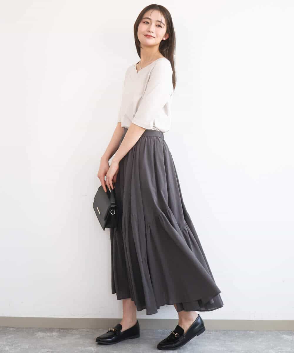 FKHGD47170 MK MICHEL KLEIN(MK ミッシェルクラン) コットンシフォンギャザースカート/洗える ダークグレー