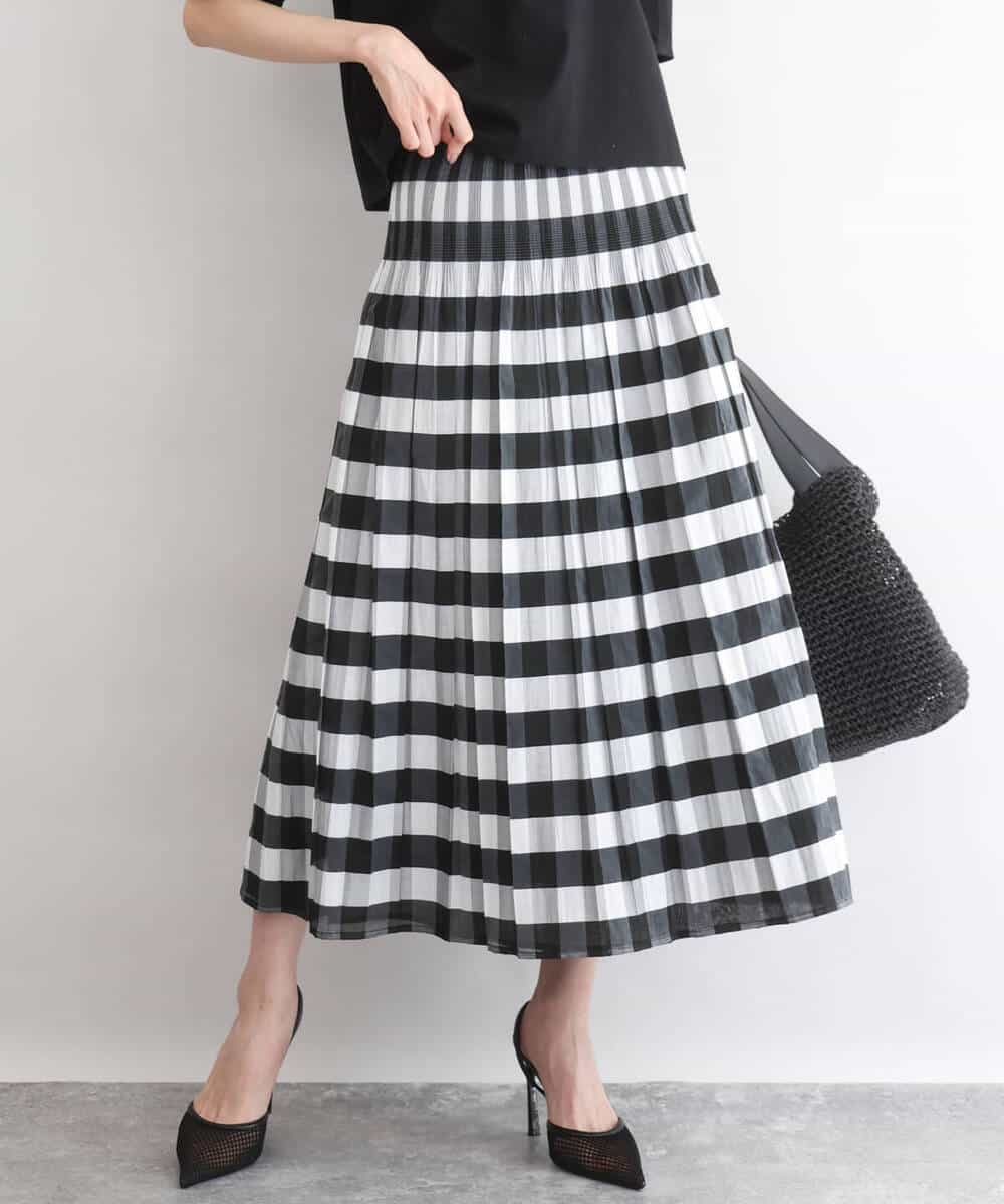 FKHGD52140 MK MICHEL KLEIN(MK ミッシェルクラン) [洗える]シアーチェックストライプ柄リバーシブルスカート ベージュ×ライトグレー