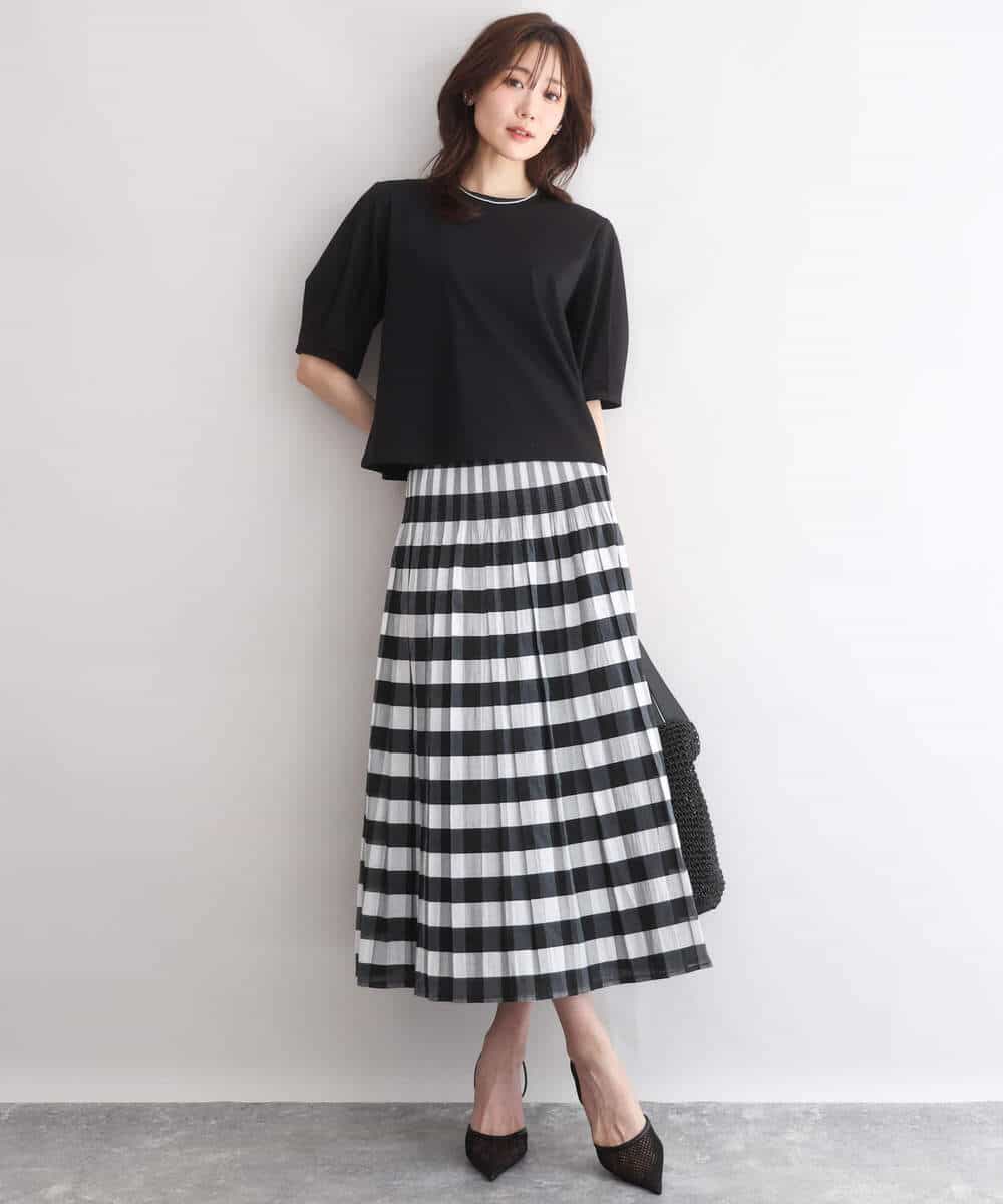 FKHGD52140 MK MICHEL KLEIN(MK ミッシェルクラン) [洗える]シアーチェックストライプ柄リバーシブルスカート ベージュ×ライトグレー