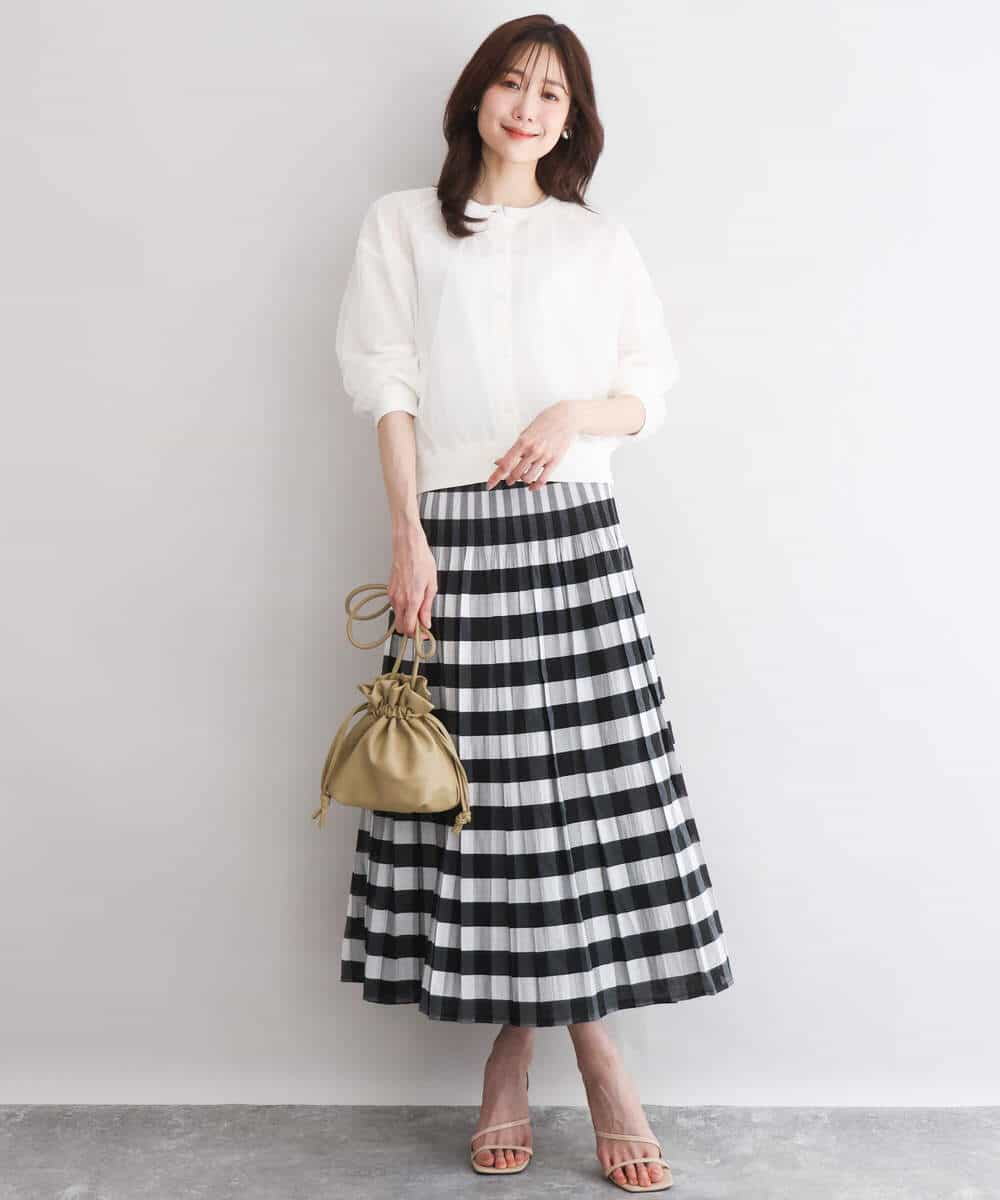 FKHGD52140 MK MICHEL KLEIN(MK ミッシェルクラン) [洗える]シアーチェックストライプ柄リバーシブルスカート ベージュ×ライトグレー