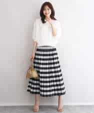 FKHGD52140 MK MICHEL KLEIN(MK ミッシェルクラン) [洗える]シアーチェックストライプ柄リバーシブルスカート ベージュ×ライトグレー