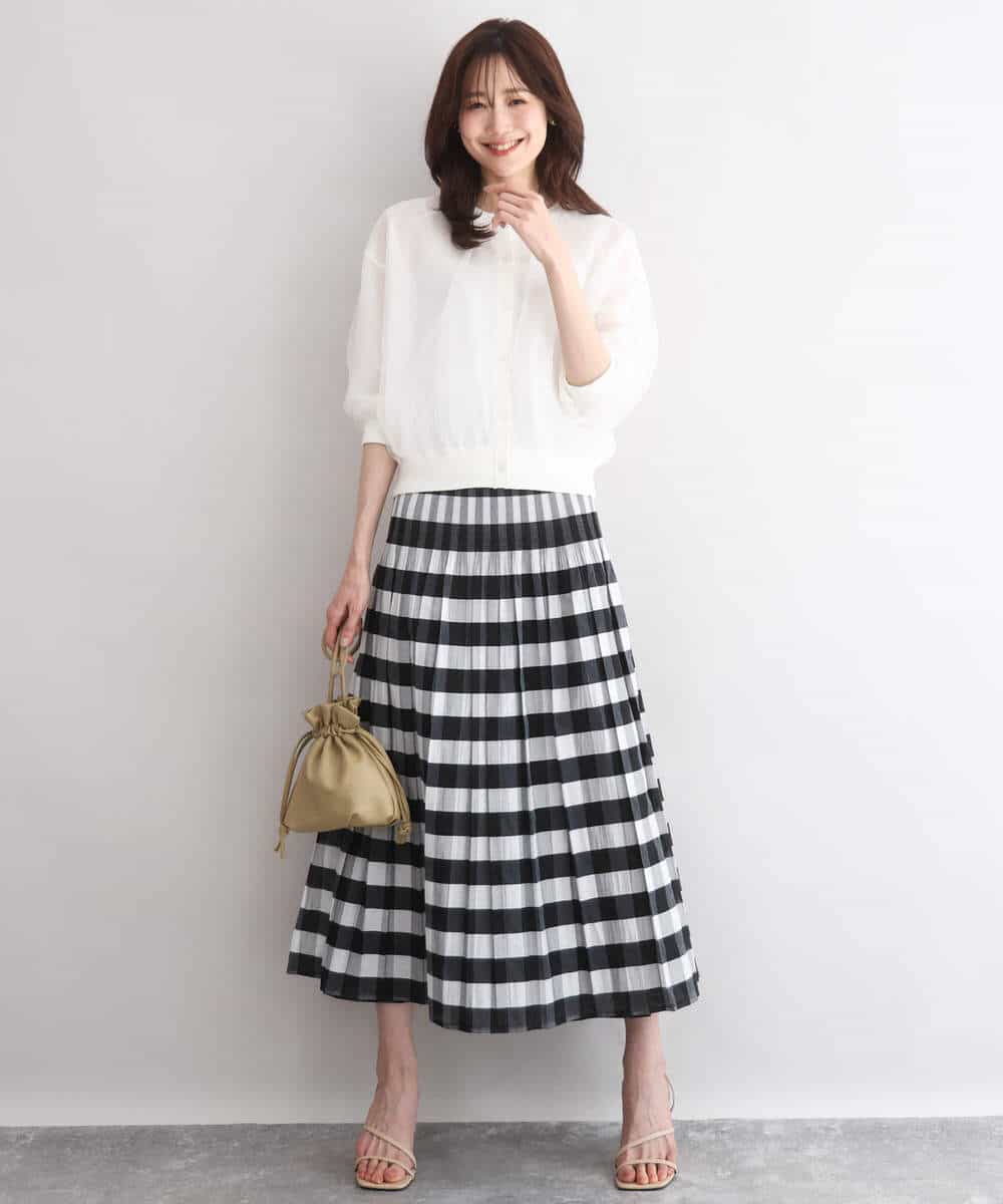 FKHGD52140 MK MICHEL KLEIN(MK ミッシェルクラン) [洗える]シアーチェックストライプ柄リバーシブルスカート ベージュ×ライトグレー