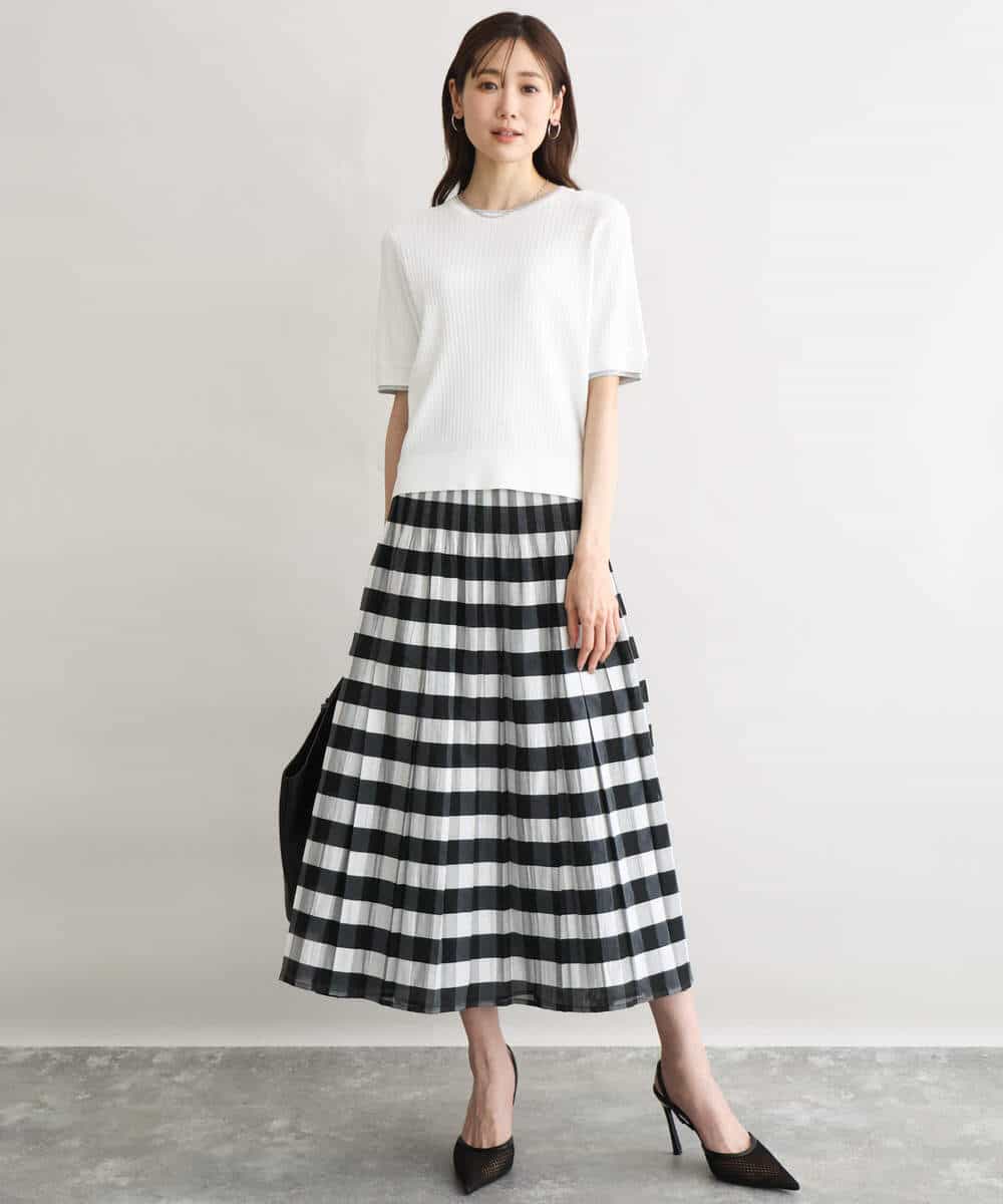 FKHGD52140 MK MICHEL KLEIN(MK ミッシェルクラン) [洗える]シアーチェックストライプ柄リバーシブルスカート ベージュ×ライトグレー