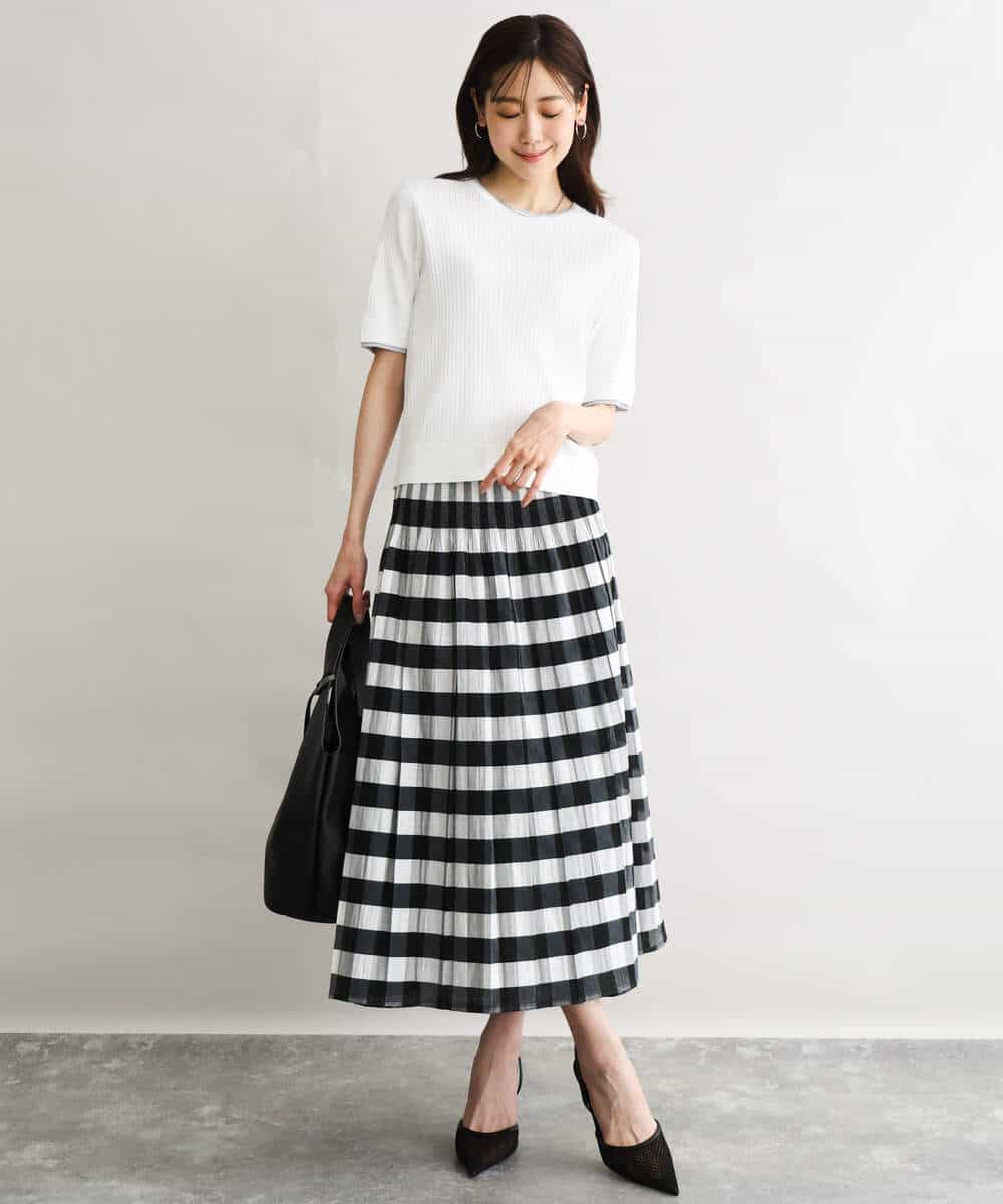 FKHGD52140 MK MICHEL KLEIN(MK ミッシェルクラン) [洗える]シアーチェックストライプ柄リバーシブルスカート ベージュ×ライトグレー