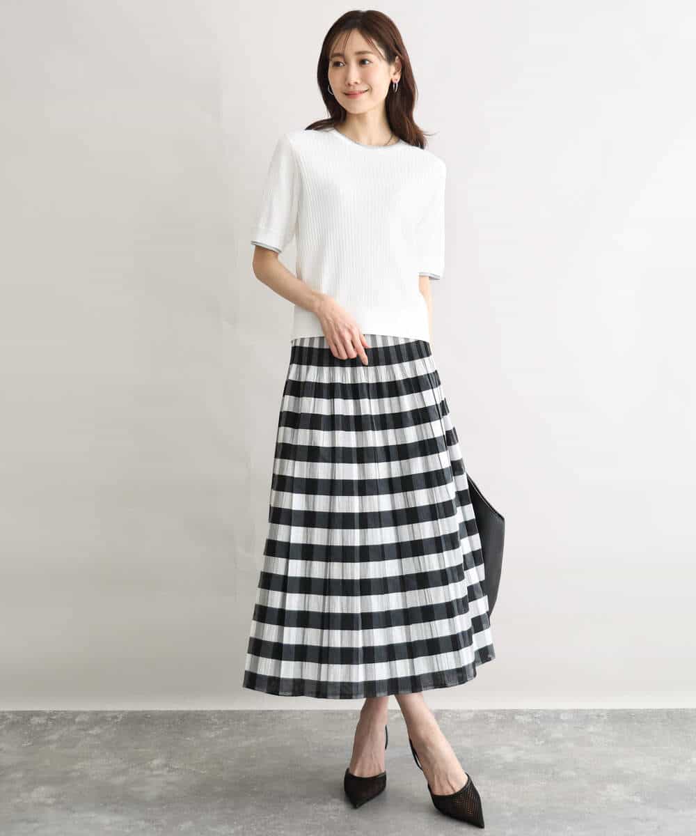 FKHGD52140 MK MICHEL KLEIN(MK ミッシェルクラン) [洗える]シアーチェックストライプ柄リバーシブルスカート ベージュ×ライトグレー