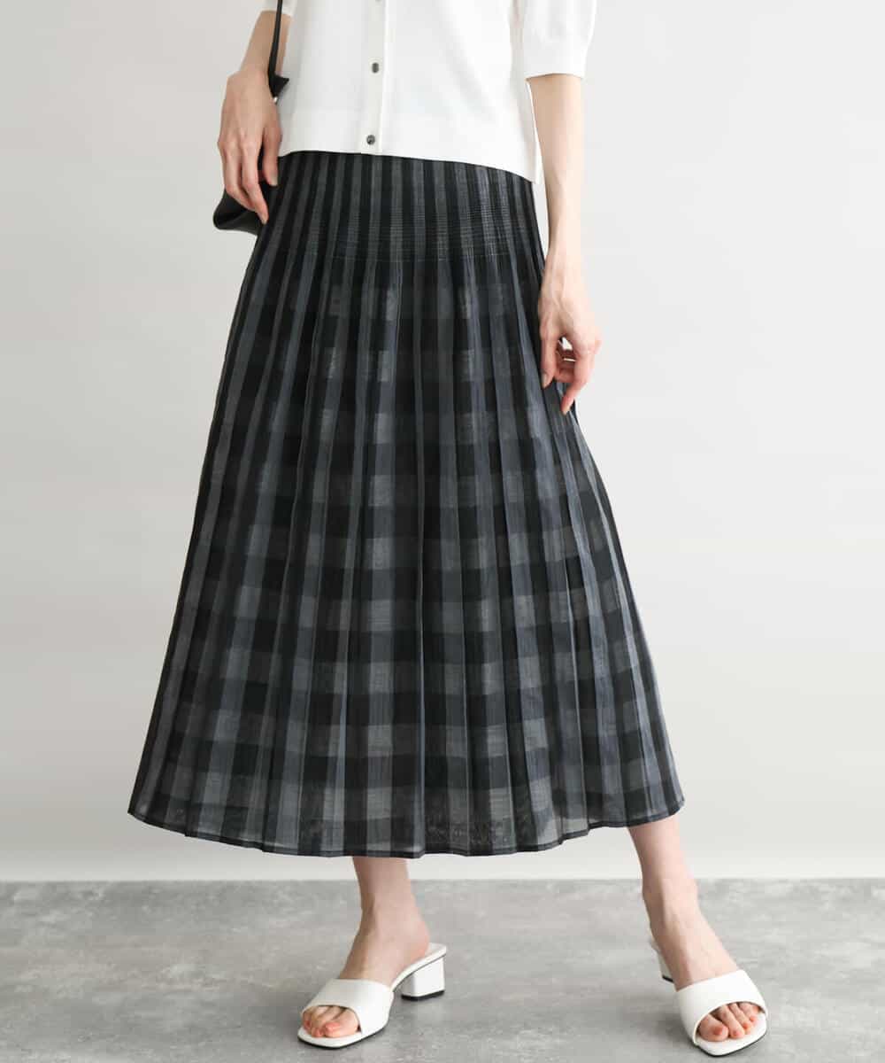 FKHGD52140 MK MICHEL KLEIN(MK ミッシェルクラン) [洗える]シアーチェックストライプ柄リバーシブルスカート ベージュ×ライトグレー