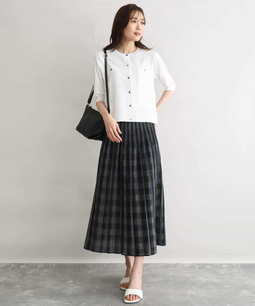 FKHGD52140 MK MICHEL KLEIN(MK ミッシェルクラン) [洗える]シアーチェックストライプ柄リバーシブルスカート ベージュ×ライトグレー