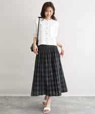 FKHGD52140 MK MICHEL KLEIN(MK ミッシェルクラン) [洗える]シアーチェックストライプ柄リバーシブルスカート ベージュ×ライトグレー