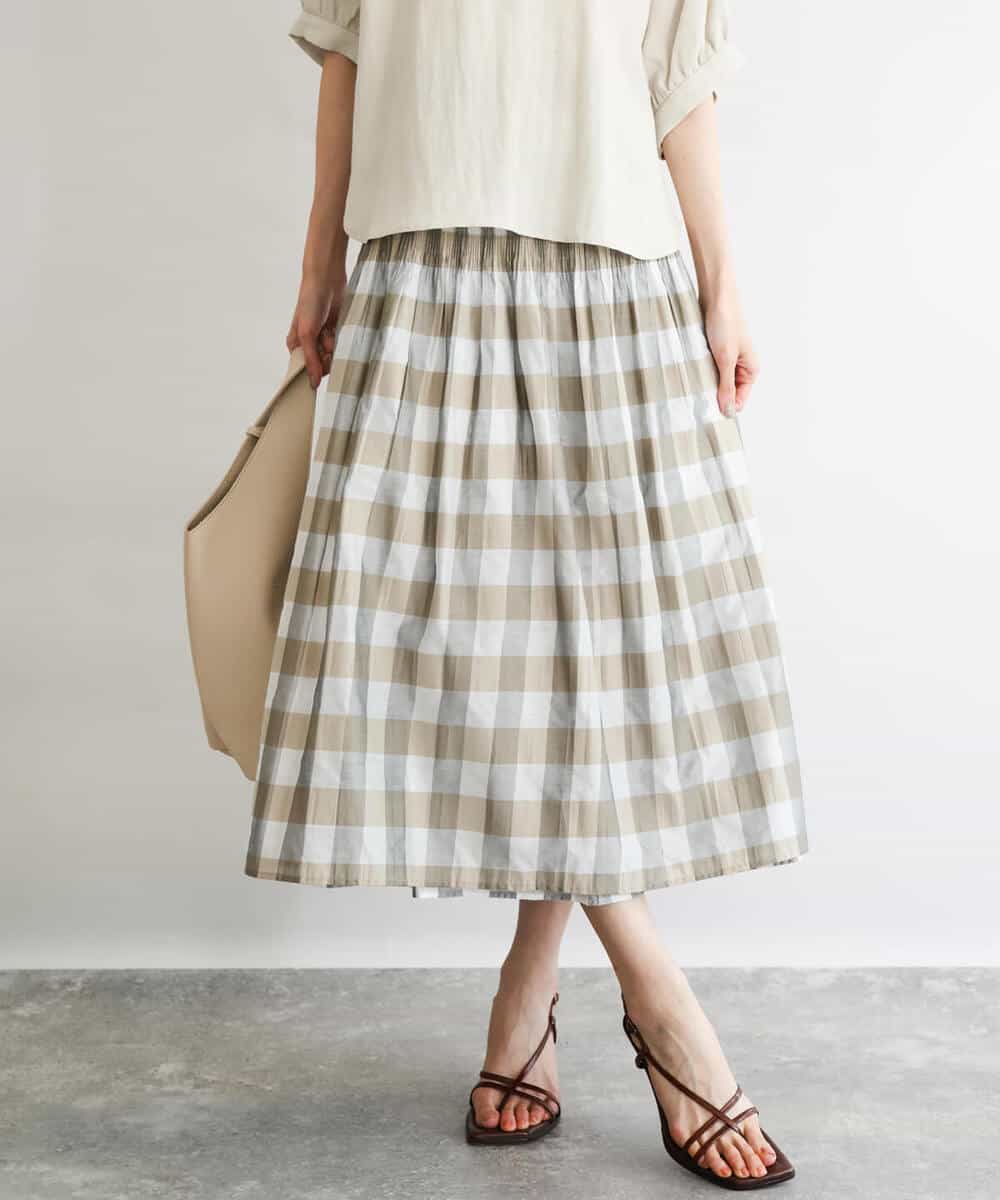 FKHGD52140 MK MICHEL KLEIN(MK ミッシェルクラン) [洗える]シアーチェックストライプ柄リバーシブルスカート ベージュ×ライトグレー