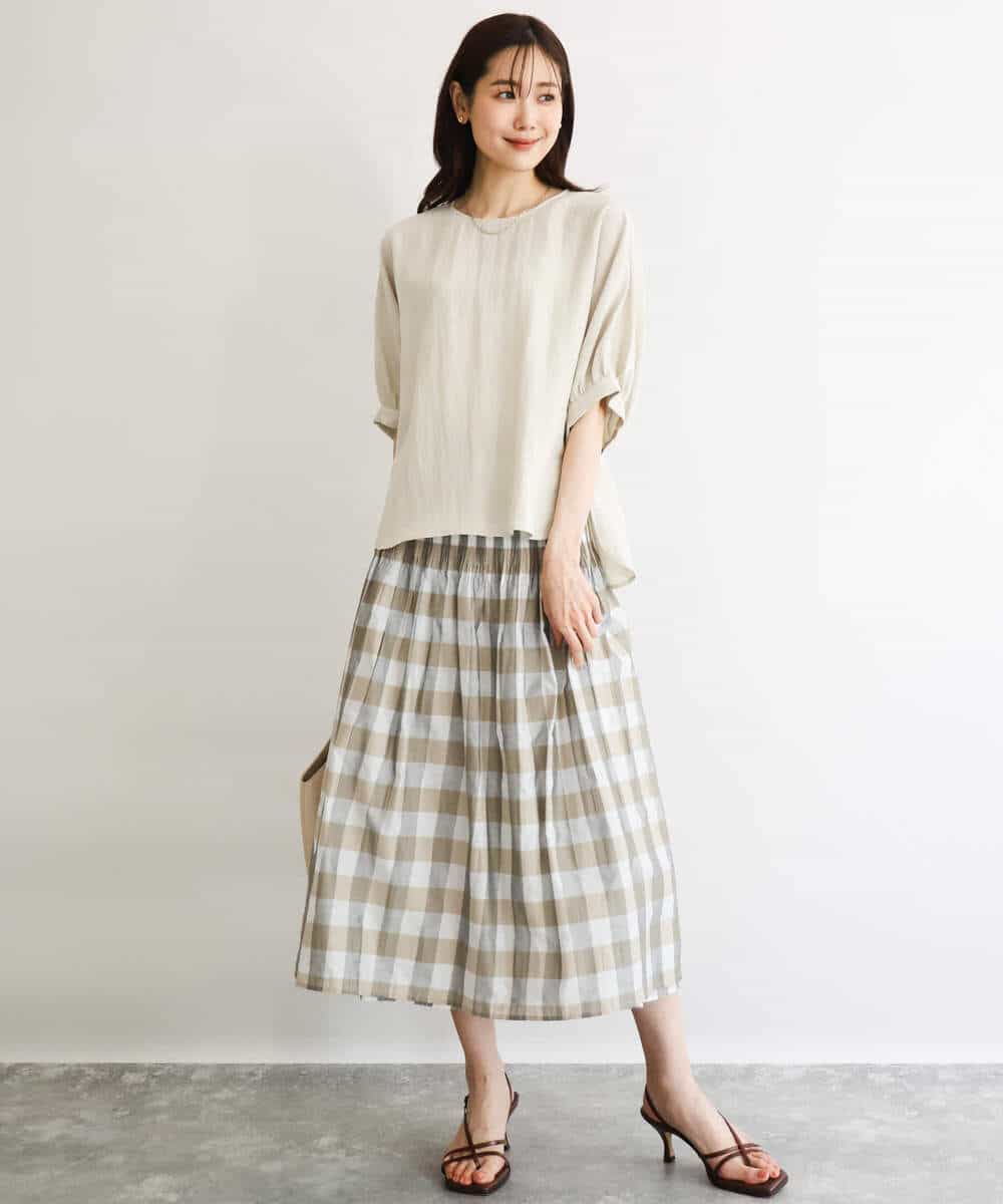 FKHGD52140 MK MICHEL KLEIN(MK ミッシェルクラン) [洗える]シアーチェックストライプ柄リバーシブルスカート ベージュ×ライトグレー