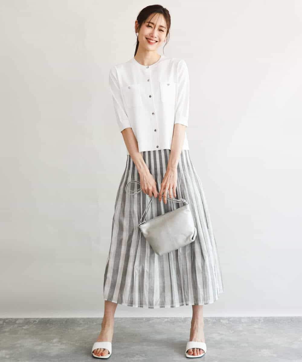 FKHGD52140 MK MICHEL KLEIN(MK ミッシェルクラン) [洗える]シアーチェックストライプ柄リバーシブルスカート ベージュ×ライトグレー