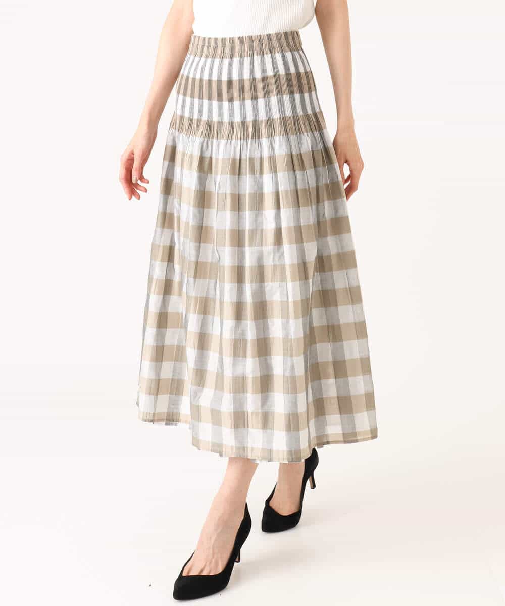 FKHGD52140 MK MICHEL KLEIN(MK ミッシェルクラン) [洗える]シアーチェックストライプ柄リバーシブルスカート ベージュ×ライトグレー