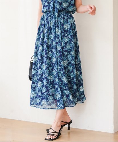 FKHGF05140 MK MICHEL KLEIN [洗える]更紗プリント花柄シフォンスカート