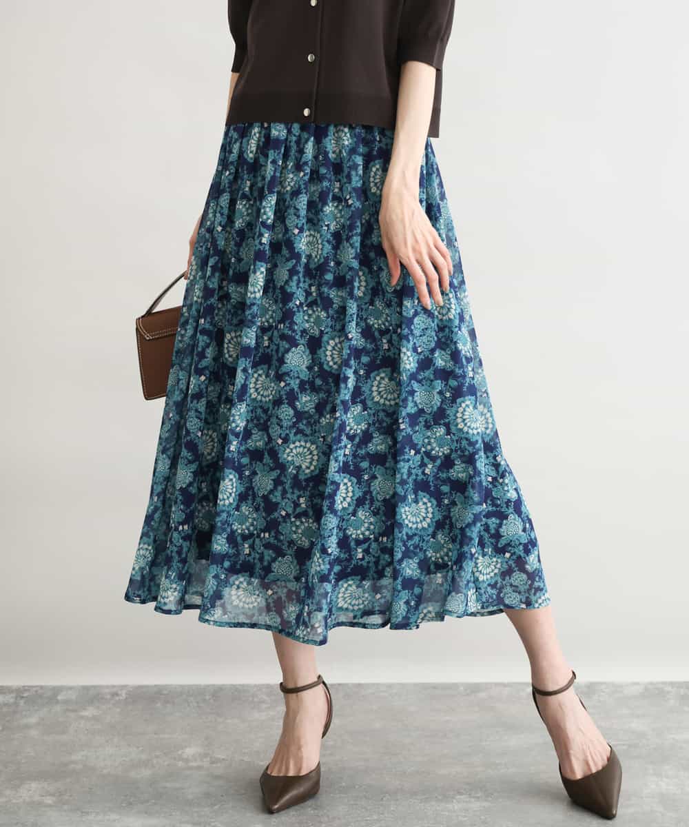 FKHGF05140 MK MICHEL KLEIN(MK ミッシェルクラン) [洗える]更紗プリント花柄シフォンスカート ネイビー