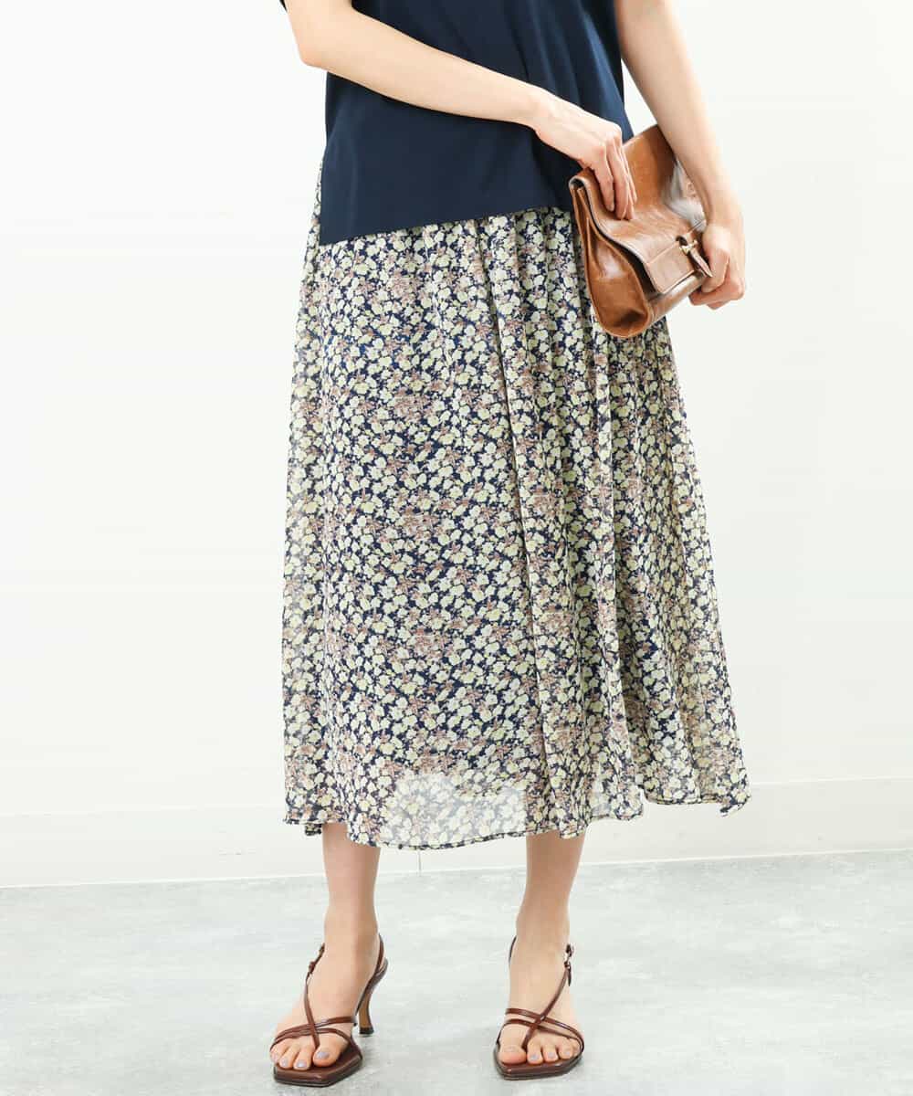 FKHGS06140 MK MICHEL KLEIN(MK ミッシェルクラン) 小花柄シフォンスカート/洗える ネイビー