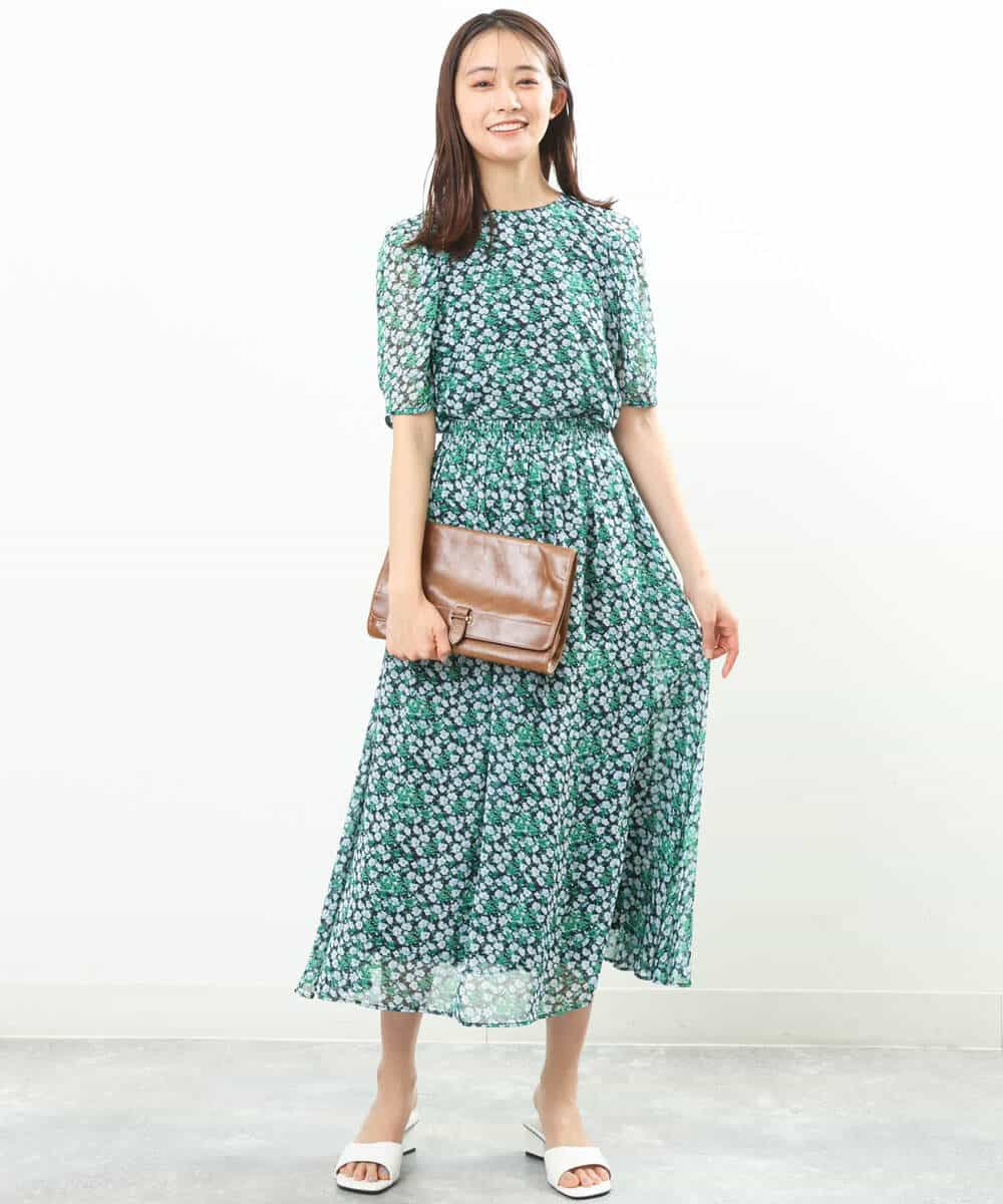FKHGS06140 MK MICHEL KLEIN(MK ミッシェルクラン) 小花柄シフォンスカート/洗える グリーン