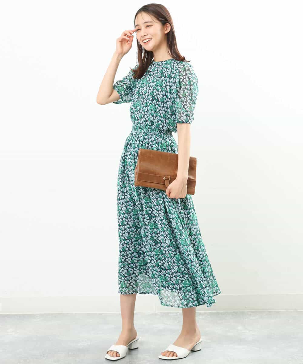 FKHGS06140 MK MICHEL KLEIN(MK ミッシェルクラン) 小花柄シフォンスカート/洗える グリーン