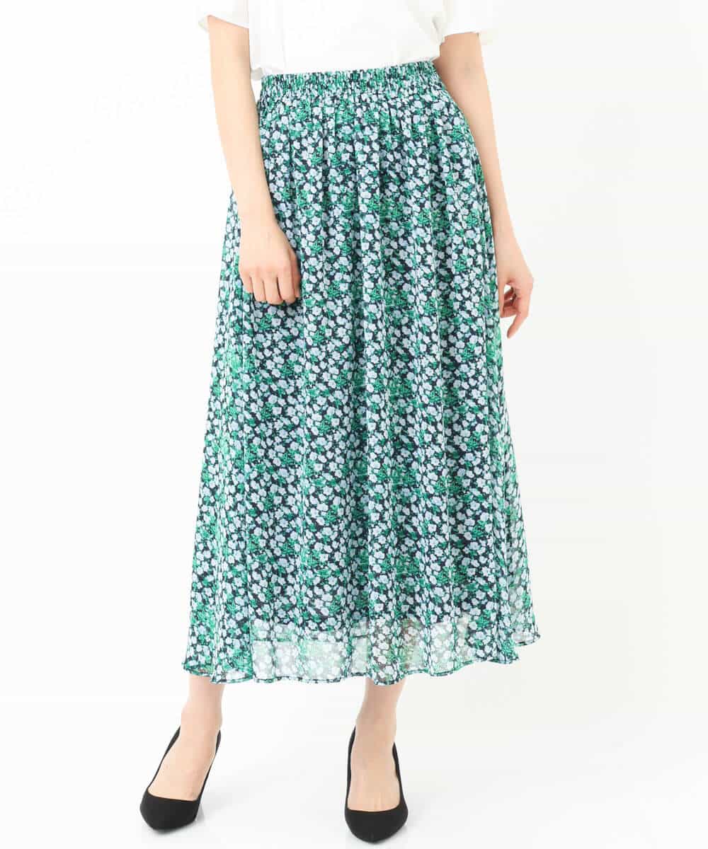 FKHGS06140 MK MICHEL KLEIN(MK ミッシェルクラン) 小花柄シフォンスカート/洗える グリーン