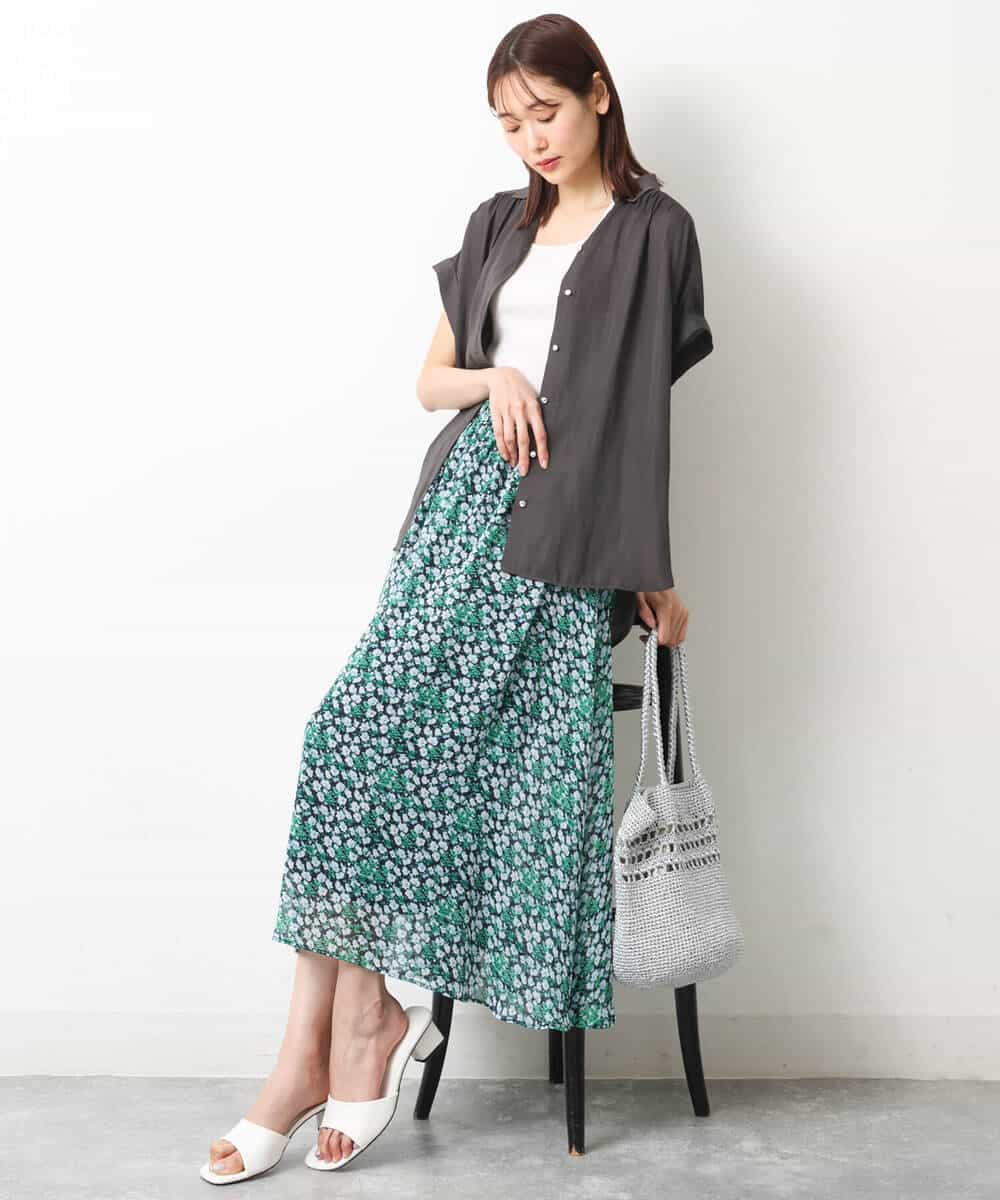 FKHGS06140 MK MICHEL KLEIN(MK ミッシェルクラン) 小花柄シフォンスカート/洗える グリーン