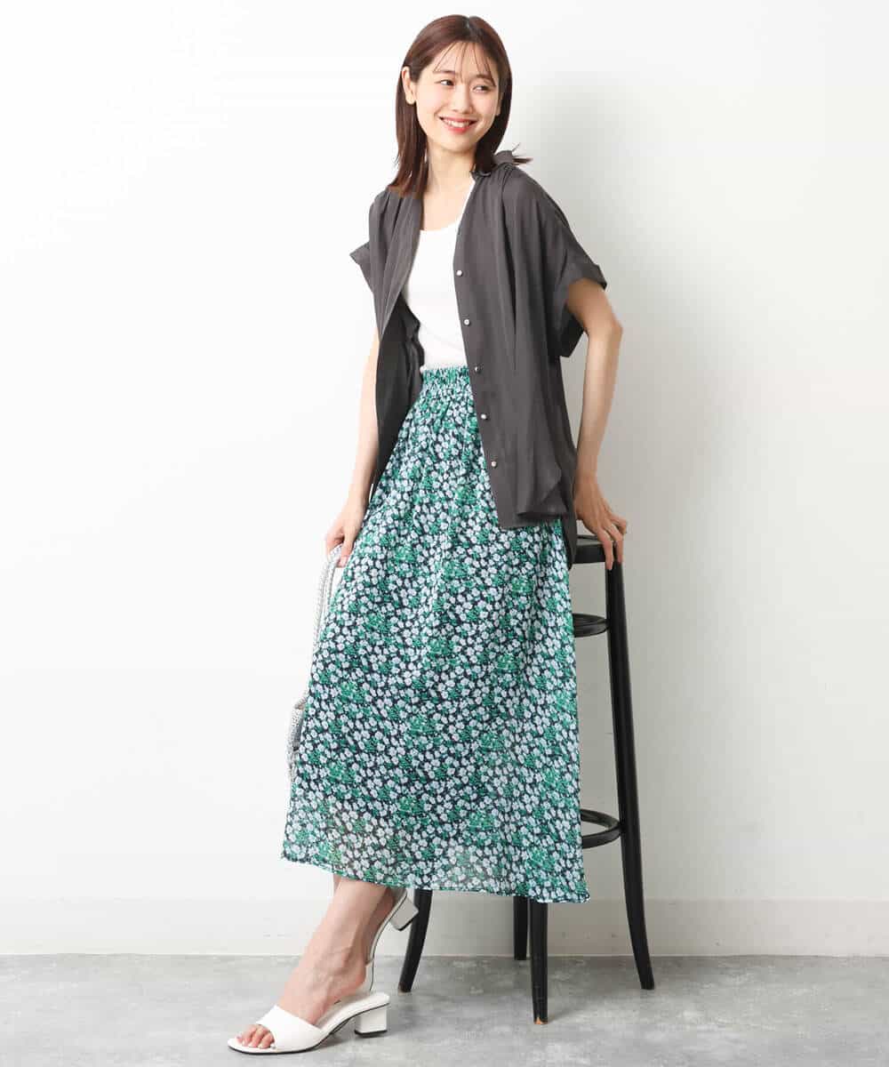 FKHGS06140 MK MICHEL KLEIN(MK ミッシェルクラン) 小花柄シフォンスカート/洗える グリーン